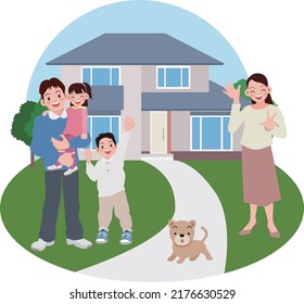 A family of young couples in their child-rearing years stands in front of their own home, smiling cheerfully.vector illustration