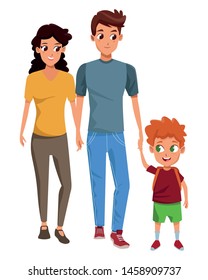 Family young dad and mom with boy holding school backpack cartoon isolated vector illustration graphic design