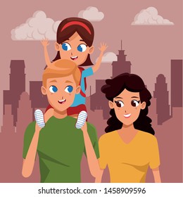 Family young dad and mom with daughter cartoon in the city urban background ,vector illustration.