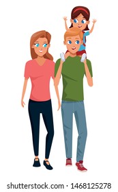 Family young dad and mom with daughter cartoon isolated vector illustration graphic design