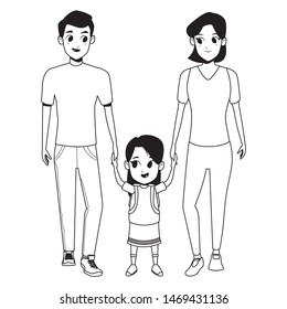 Family young dad and mom with daughter cartoon isolated vector illustration graphic design