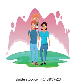 Family young dad and mom with son holding backpack cartoon outdoors nature park with landscape background vector illustration graphic design