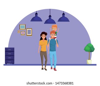 Family young dad and mom with son holding backpack cartoon inside home with furniture background vector illustration graphic design