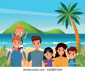 Family young fathers and mothers parents with childrens holding backpacks cartoon in the beach scenery ,vector illustration.