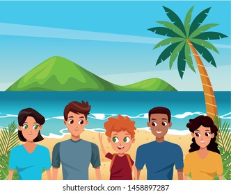 Family young fathers and mothers parents with childrens holding backpacks cartoon in the beach scenery ,vector illustration.