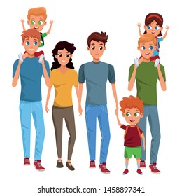 Family young fathers and mothers parents with childrens holding school backpacks cartoon isolated vector illustration graphic design