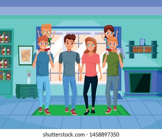 Family young fathers and mothers parents with childrens holding school backpacks cartoon inside home with furniture background vector illustration graphic design