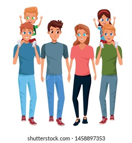 Family young fathers and mothers parents with childrens holding school backpacks cartoon isolated vector illustration graphic design