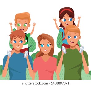 Family young fathers and mothers parents with childrens holding backpacks cartoon in the nature landscape background ,vector illustration.