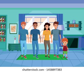 Family young fathers and mothers parents with childrens holding school backpacks cartoon inside home with furniture background vector illustration graphic design