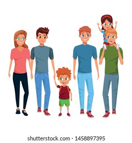 Family young fathers and mothers parents with childrens holding school backpacks cartoon isolated vector illustration graphic design