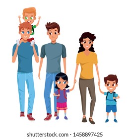 Family young fathers and mothers parents with childrens holding school backpacks cartoon isolated vector illustration graphic design