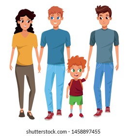 Family young fathers and mothers parents with childrens holding school backpacks cartoon isolated vector illustration graphic design