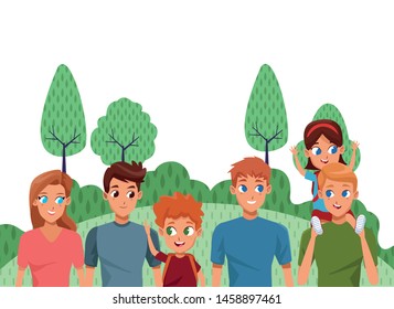Family young fathers and mothers parents with childrens holding backpacks cartoon in the nature landscape background ,vector illustration.