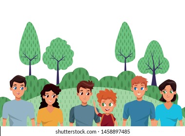 Family young fathers and mothers parents with childrens holding backpacks cartoon in the nature landscape background ,vector illustration.