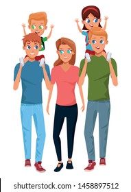 Family young fathers and mothers parents with childrens holding school backpacks cartoon isolated vector illustration graphic design