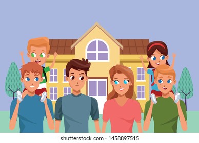 Family young fathers and mothers parents with childrens holding backpacks cartoon at school building ,vector illustration.