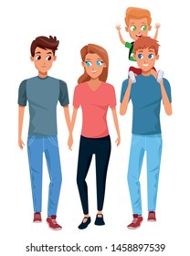 Family young fathers and mothers parents with childrens holding school backpacks cartoon isolated vector illustration graphic design