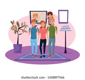 Family young fathers and mothers parents with childrens holding school backpacks cartoon inside home with furniture background vector illustration graphic design