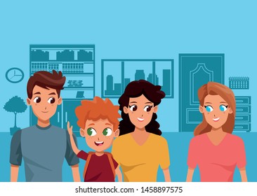 Family young fathers and mothers parents with childrens holding backpacks cartoon inside home with furniture background ,vector illustration.