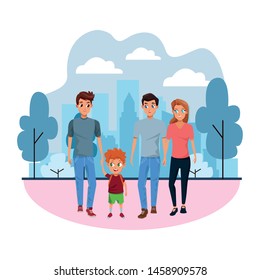 Family young fathers and mothers parents with childrens holding school backpacks cartoon in the park vector illustration graphic design