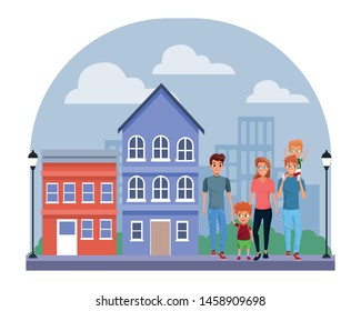 Family young fathers and mothers parents with childrens holding school backpacks cartoon vector illustration graphic design