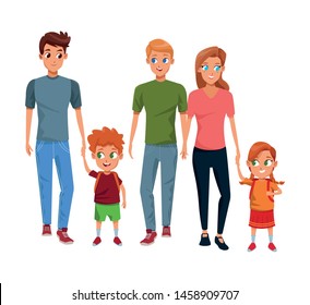 Family young fathers and mothers parents with children holding school backpacks cartoon isolated vector illustration graphic design