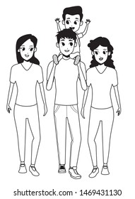 Family young fathers and mothers parents with childrens holding school backpacks cartoon isolated vector illustration graphic design