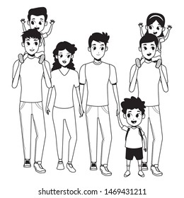 Family young fathers and mothers parents with childrens holding school backpacks cartoon isolated vector illustration graphic design