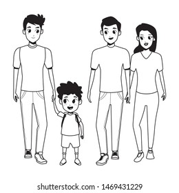 Family young fathers and mothers parents with childrens holding school backpacks cartoon isolated vector illustration graphic design