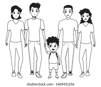 Family young fathers and mothers parents with childrens holding school backpacks cartoon isolated vector illustration graphic design