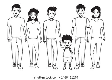 Family young fathers and mothers parents with childrens holding school backpacks cartoon isolated vector illustration graphic design