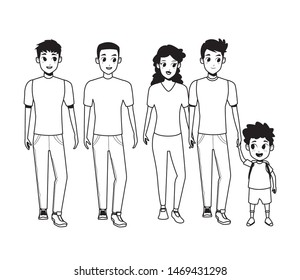 Family young fathers and mothers parents with childrens holding school backpacks cartoon isolated vector illustration graphic design