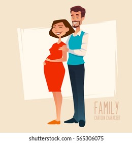 Family. Young happy couple. Pregnant wife and her husband together. Cartoon characters, vector illustration.