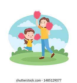 Family young mother and litte daughter cheerleading at park vector illustration graphic.