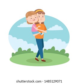 Family young mother with little daughter at park vector illustration graphic.