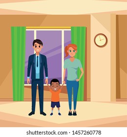 Family young parents with little adopted afro boy inside home scenery with windows and wall clock ,vector illustration graphic design.