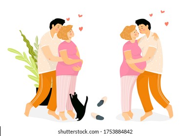 Family of a young pregnant woman and man at home hugging and kissing. Happy parents waiting for a baby, girl is having a big baby bump. Vector cartoon illustration.