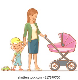 Family. Young woman with children. Mother pushing baby carriage, holding son by hand. Little boy play wit toy car. Parent with kids isolated. Vector illustration.