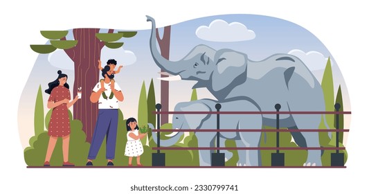 Family in zoo concept. Man and woman with children stand and look at elephants. Young couple with boy and girl. Biology and zoology. Wild exotic animal. Cartoon flat vector illustration