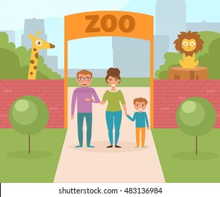 Family At The Zoo. Gate And Red Brick Wall. Vector Illustration. Cartoon Character. Isolated.