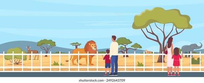 Family in zoo. Kids walking in park with parents. African animals. Elephant, giraffe, camel, cheetah, lion, flamingo, vulture, monkey on territory of wildlife zoo park surrounded by fence. Vector