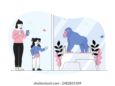 Family in zoo. Mom and daughter look at cage with monkey. Cultural recreation and leisure. Womqn and girl look at exotic animals. Linear vector illustration isolated on white background