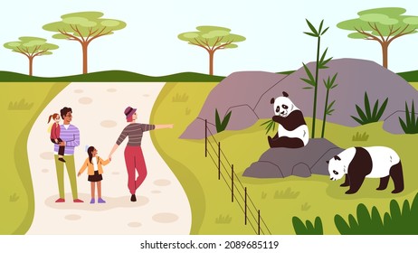 Family In Zoo. Parents With Children Near Pandas Enclosure. Visitors On Excursion. People Spending Time Together On Weekend. Mother And Father With Kids Looking At Animals. Vector Concept