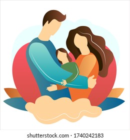Family.Father and mother silhouette with her baby. Wife and husband. Card of Happy Mothers Day. Vector illustration with beautiful woman, man and child. Happy family. World parents day. Parenting