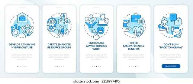 Family-friendly employer blue onboarding mobile app screen. Walkthrough 5 steps editable graphic instructions with linear concepts. UI, UX, GUI template. Myriad Pro-Bold, Regular fonts used