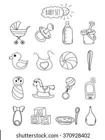 A family-friendly hotel of icons and elements. Set infant items, accessories and toys hand drawn elements / doodles isolated on white background. Vector illustration