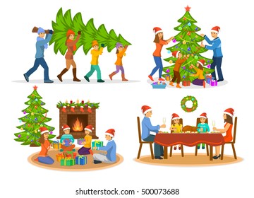 Family's  Christmas Winter Activities Set. Man woman and children carry xmas tree; decorating it with balls, garland, stars; sitting on floor, giving exchanging presents and celebrating having dinner