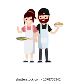 Family's cooking. A man in a white hat holding a plate of delicious. A woman in an apron is a pan with pancakes. Waiter and chef in a cafe and restaurant. Element of the kitchen.