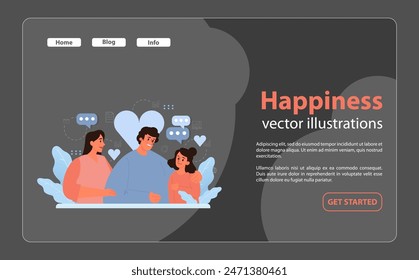 Family's joyous moments. A heartwarming depiction of a close-knit family sharing love and happiness amidst digital symbols of daily life. Uniting through bonds of affection. Flat vector illustration